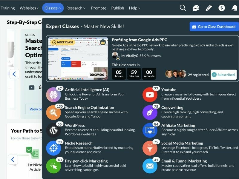Wealthy Affiliate's Course Dashboard